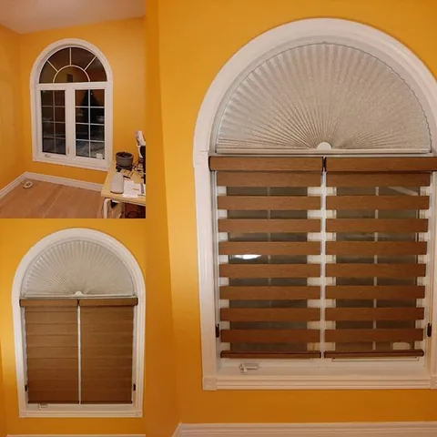 Custom arched shutter above banded shades on a yellow wall