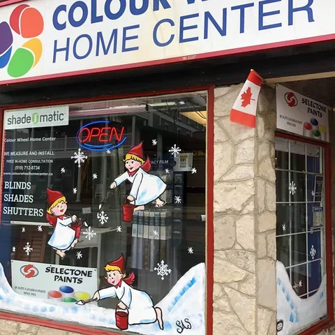 Colour Wheel Home Center sign and winter window display